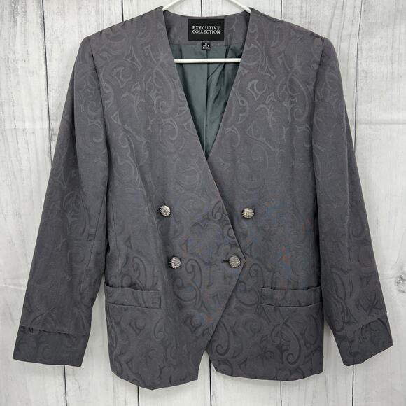 Exec Collection US 10 VINTAGE Y2K Gray Purple Jacquard Blazer Skirt Suit Set - Picture 2 of 13